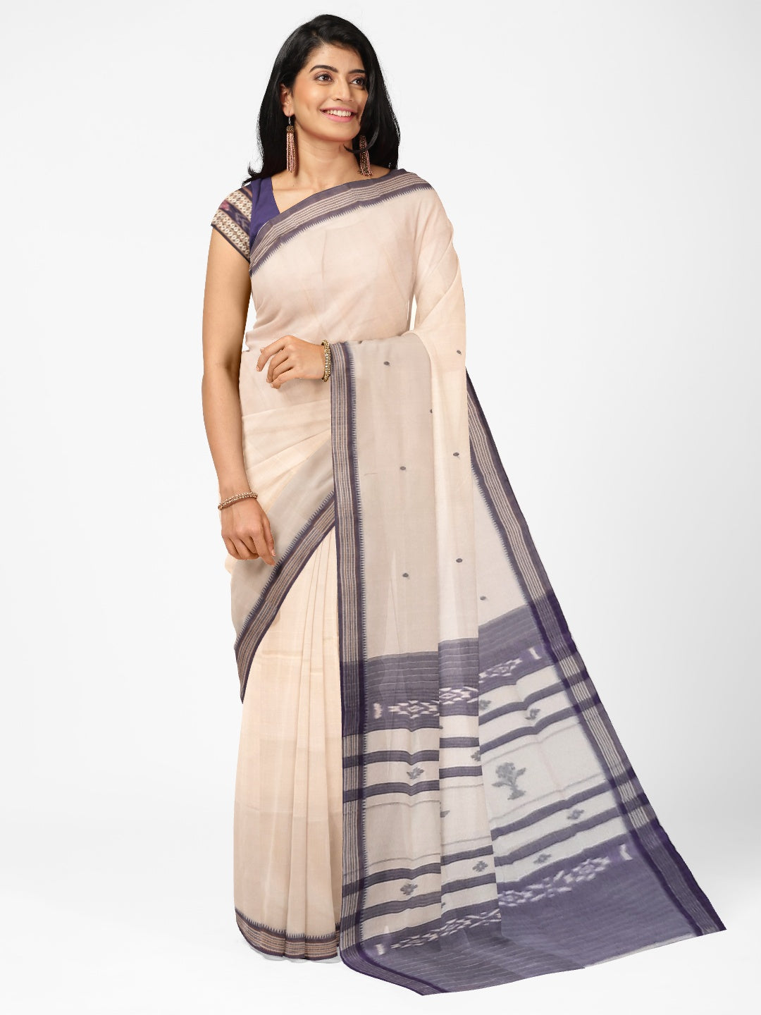White Cotton Odisha Ikat saree  with mix match cotton ikat blouse