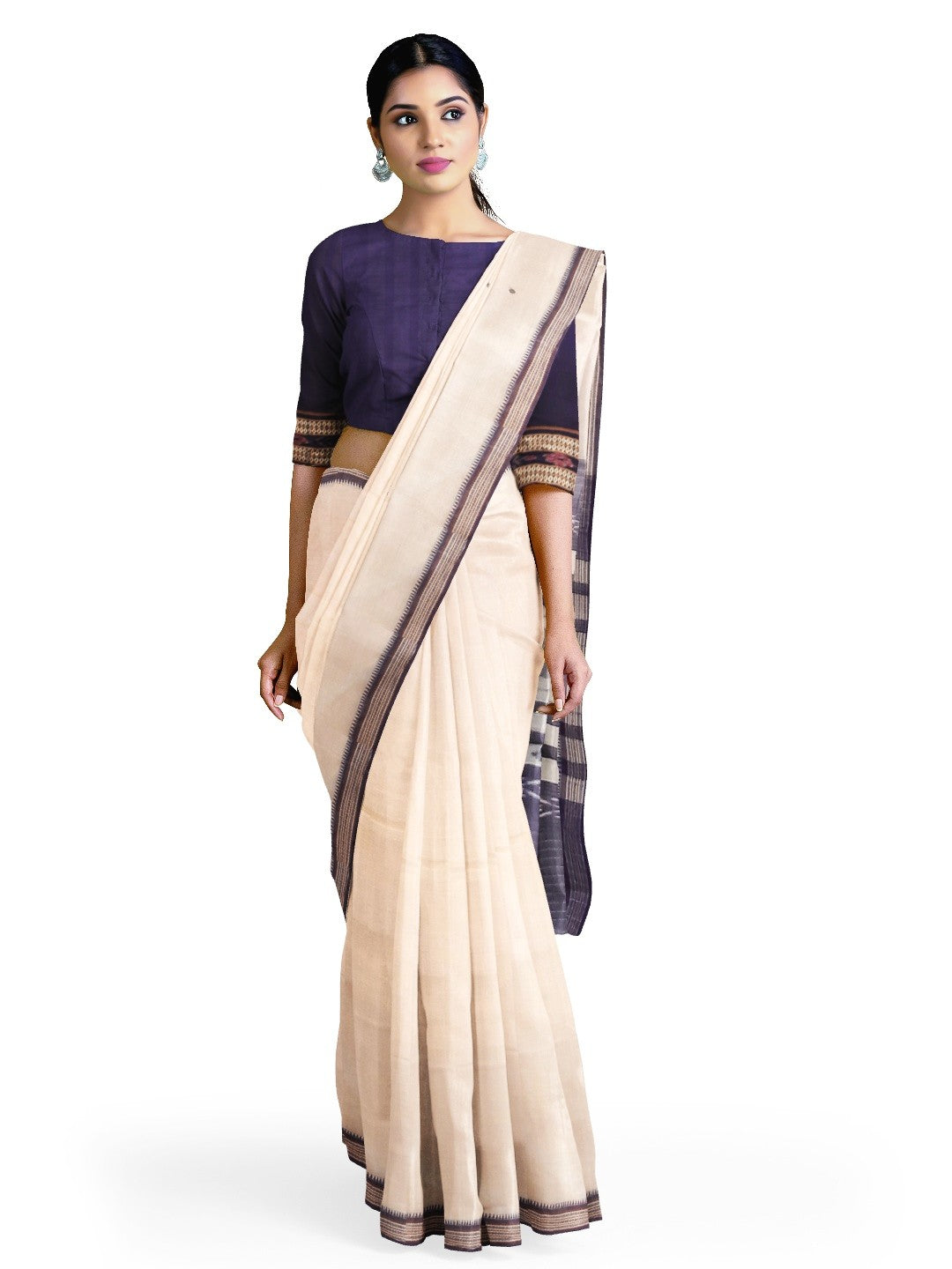 White Cotton Odisha Ikat saree  with mix match cotton ikat blouse