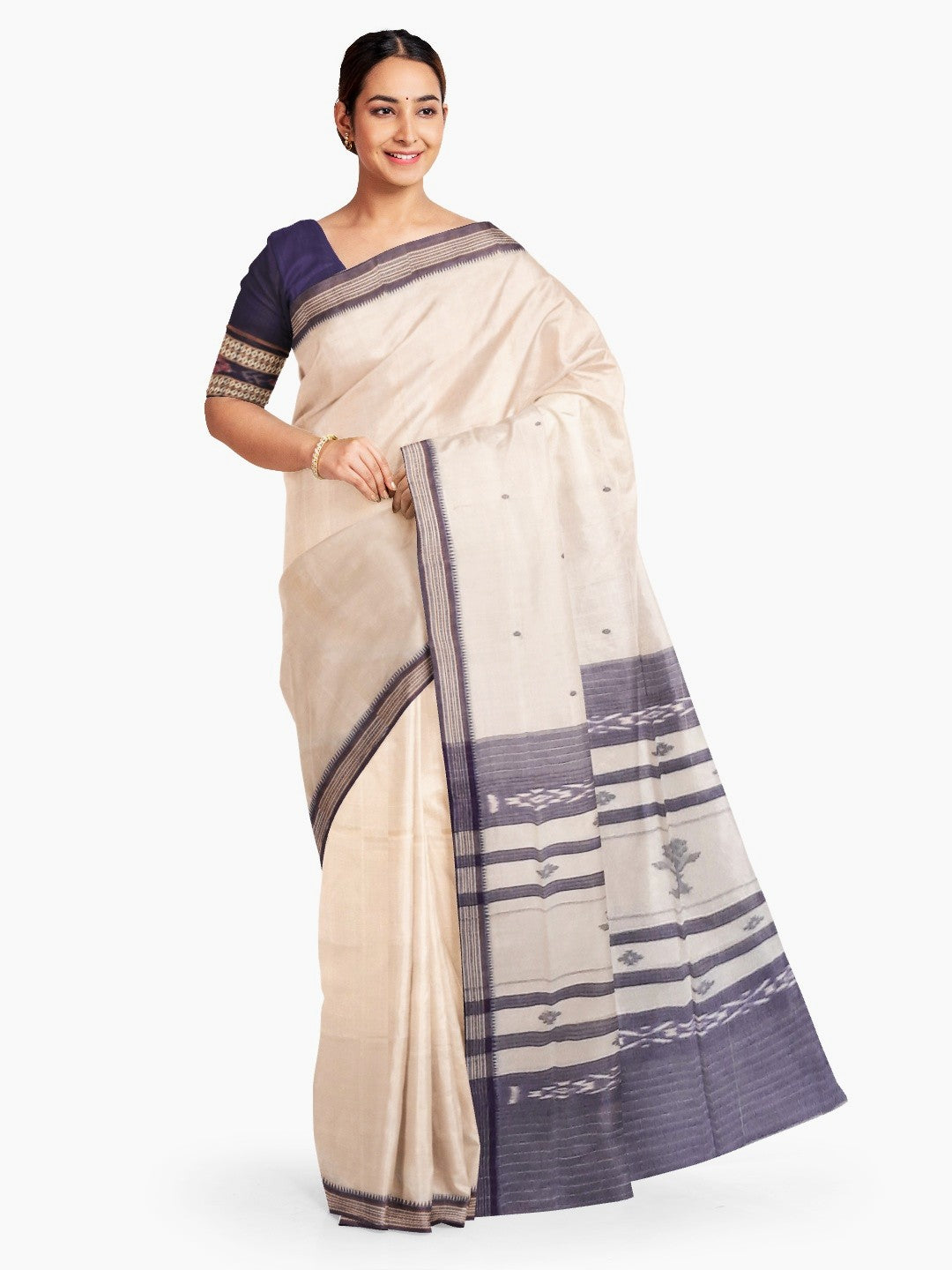 White Cotton Odisha Ikat saree  with mix match cotton ikat blouse