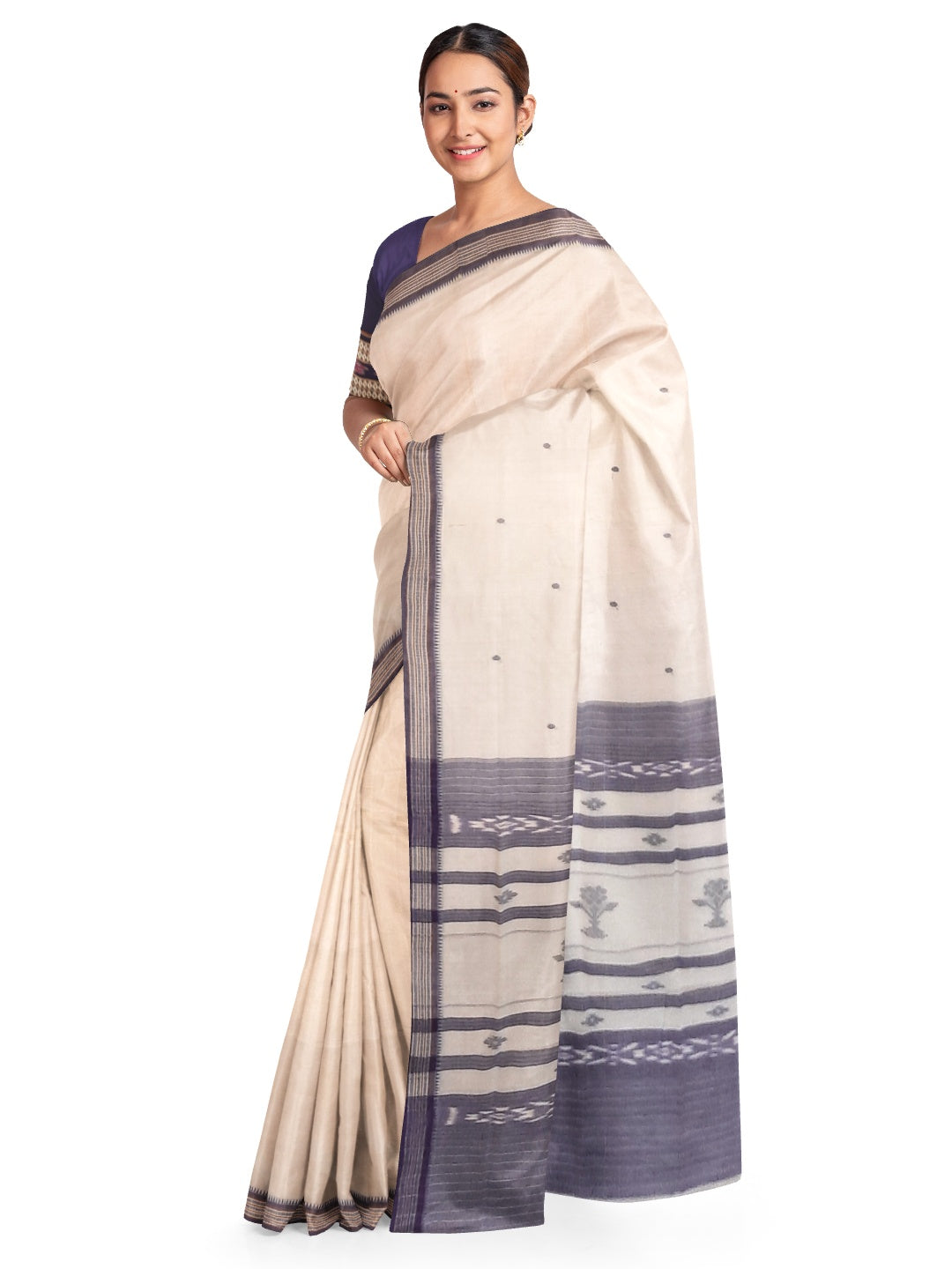 White Cotton Odisha Ikat saree  with mix match cotton ikat blouse