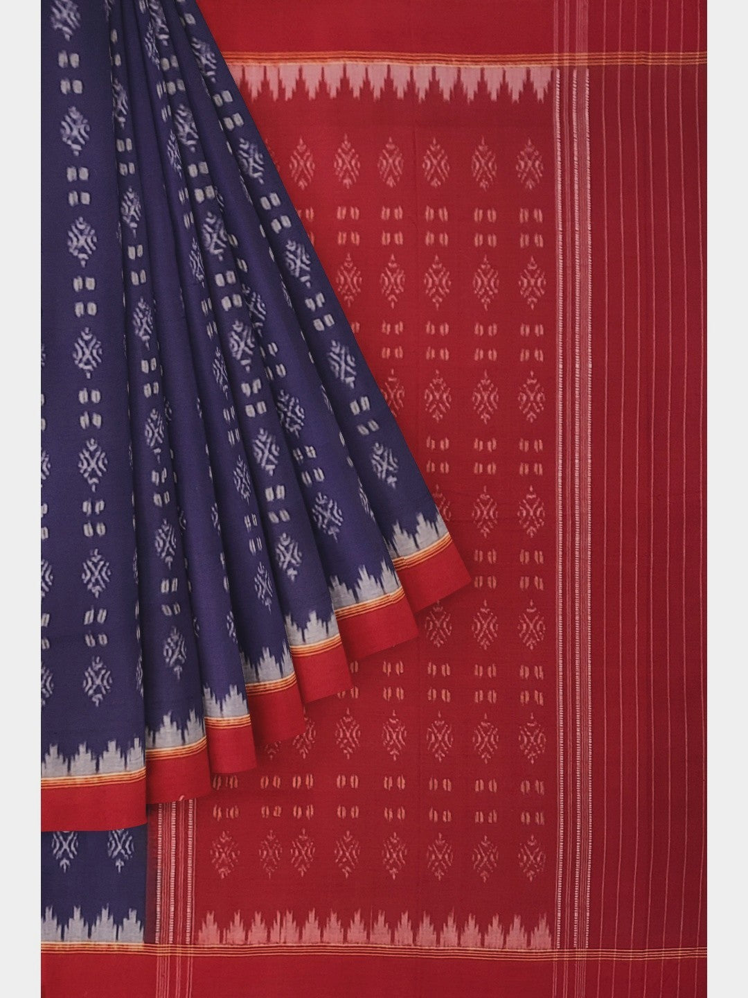 Blue and Red Sambalpuri Cotton Saree with matching blouse piece