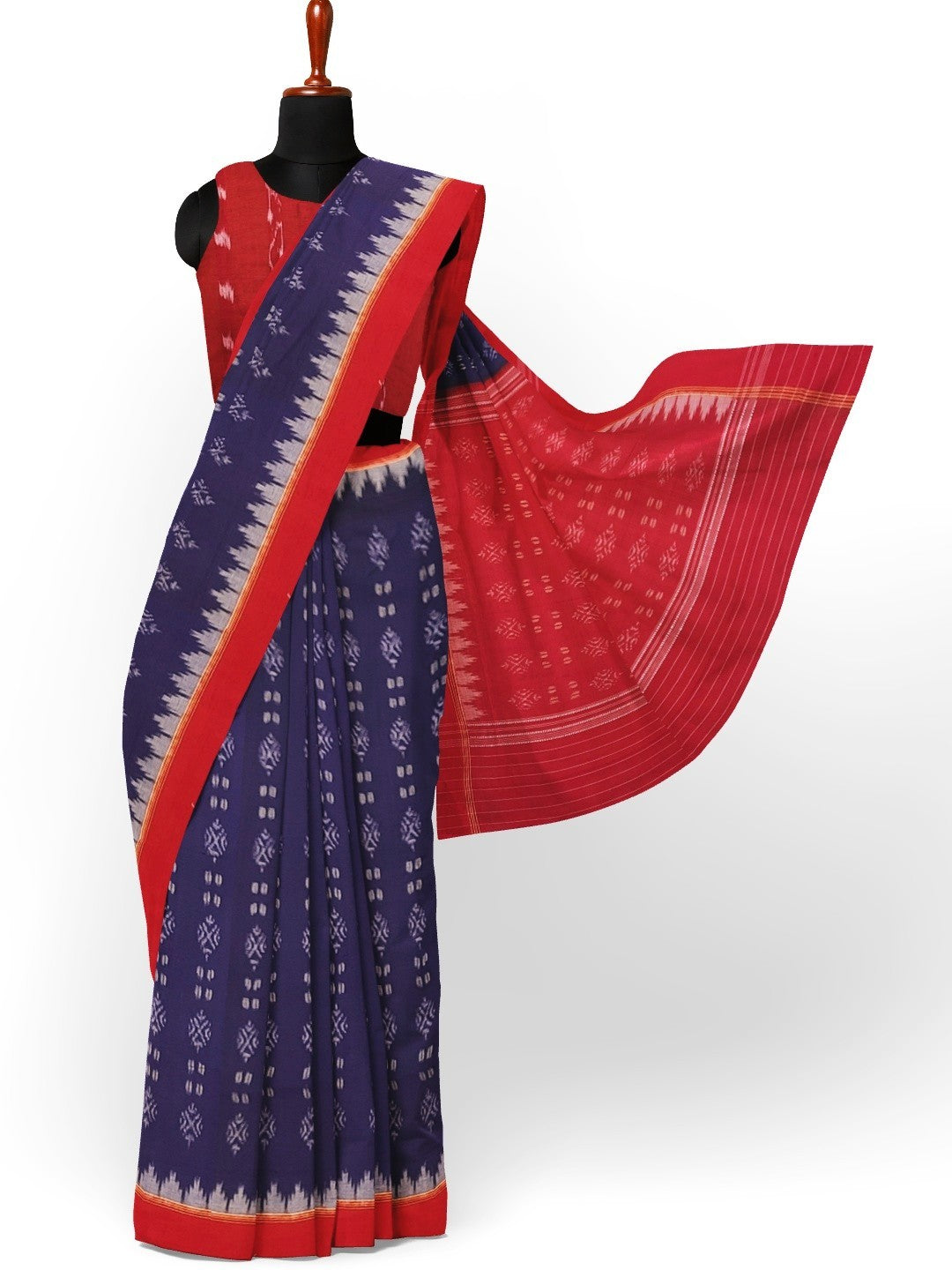 Blue and Red Sambalpuri Cotton Saree with matching blouse piece