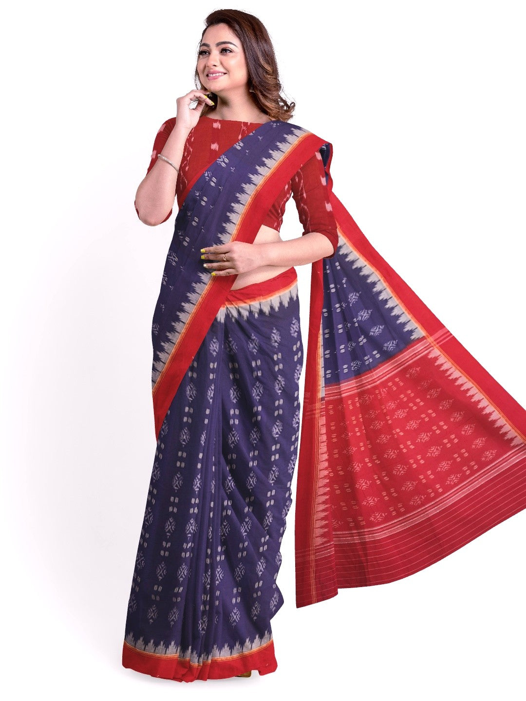 Blue and Red Sambalpuri Cotton Saree with matching blouse piece
