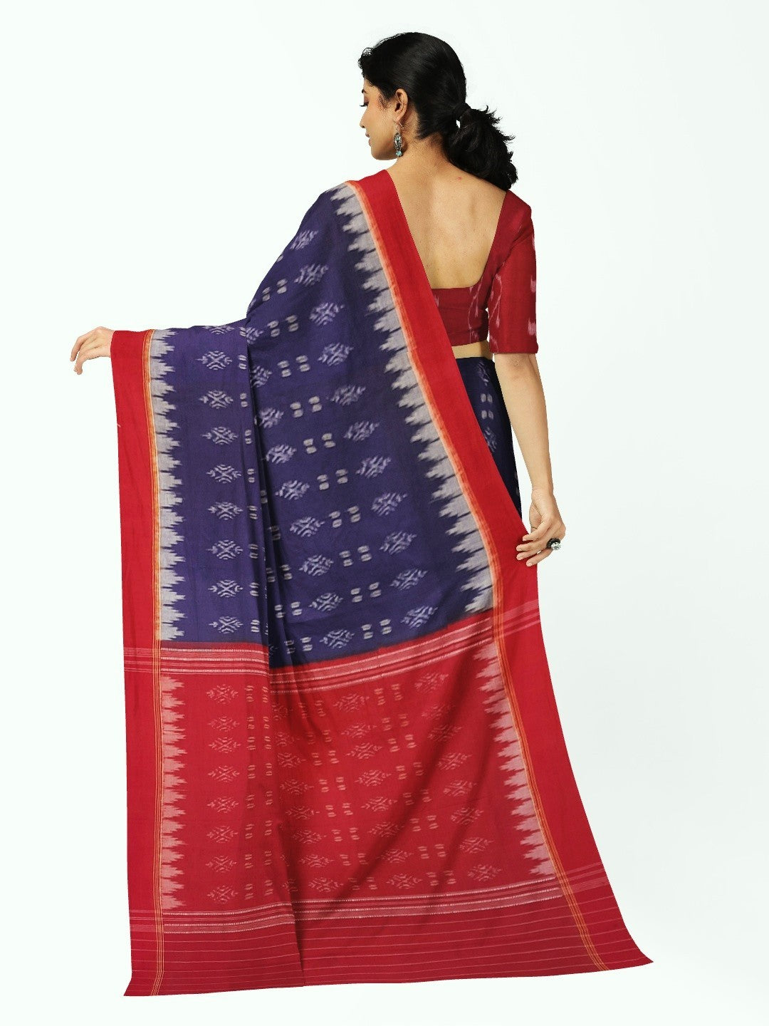 Blue and Red Sambalpuri Cotton Saree with matching blouse piece