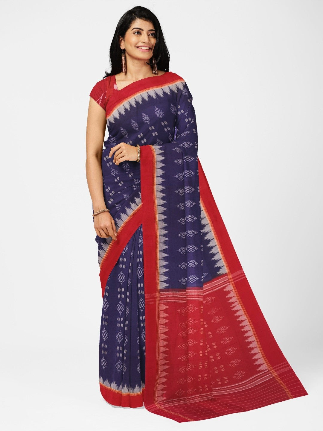 Blue and Red Sambalpuri Cotton Saree with matching blouse piece