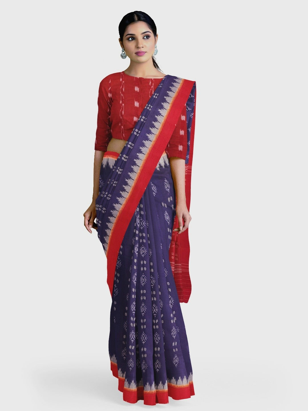 Blue and Red Sambalpuri Cotton Saree with matching blouse piece