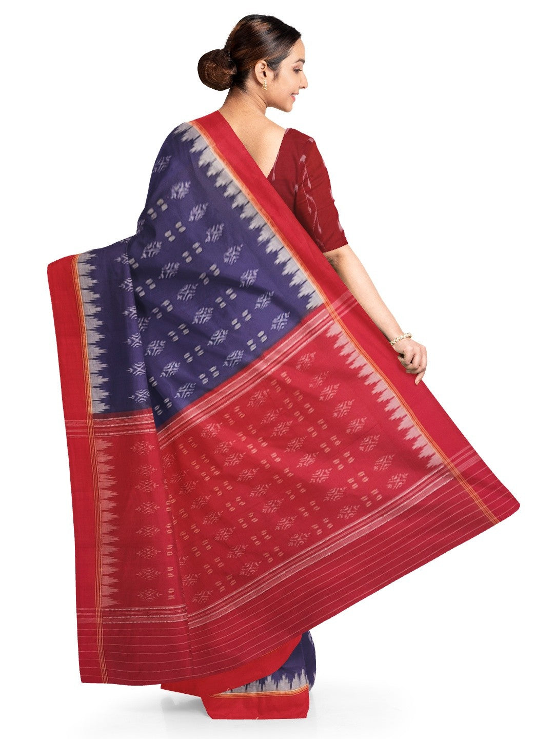 Blue and Red Sambalpuri Cotton Saree with matching blouse piece