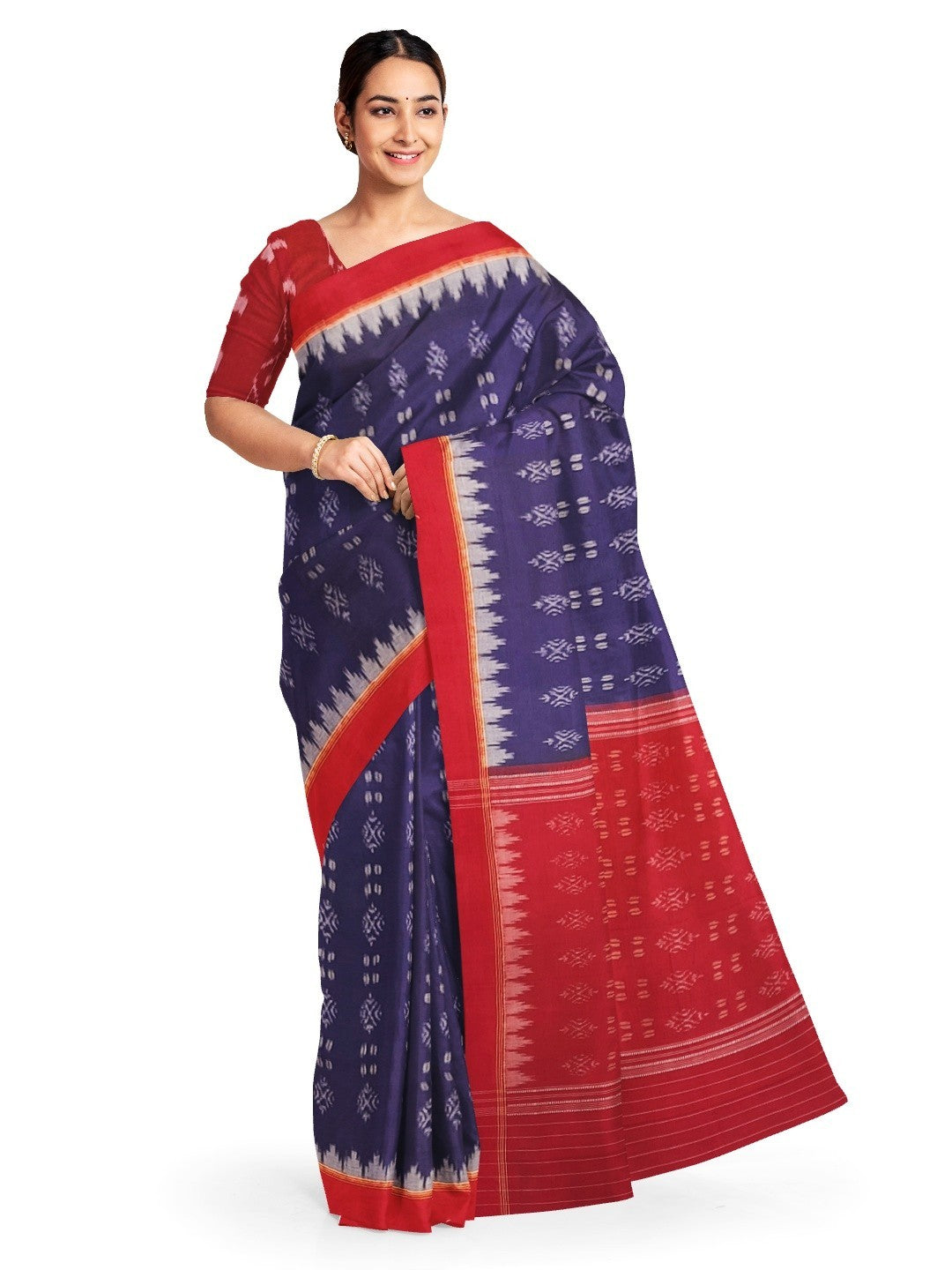 Blue and Red Sambalpuri Cotton Saree with matching blouse piece