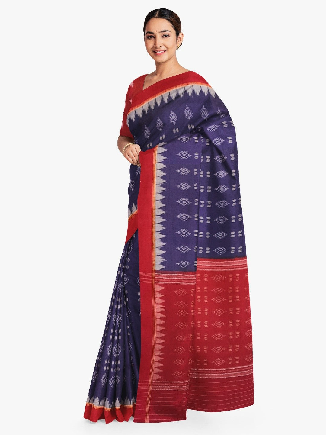 Blue and Red Sambalpuri Cotton Saree with matching blouse piece