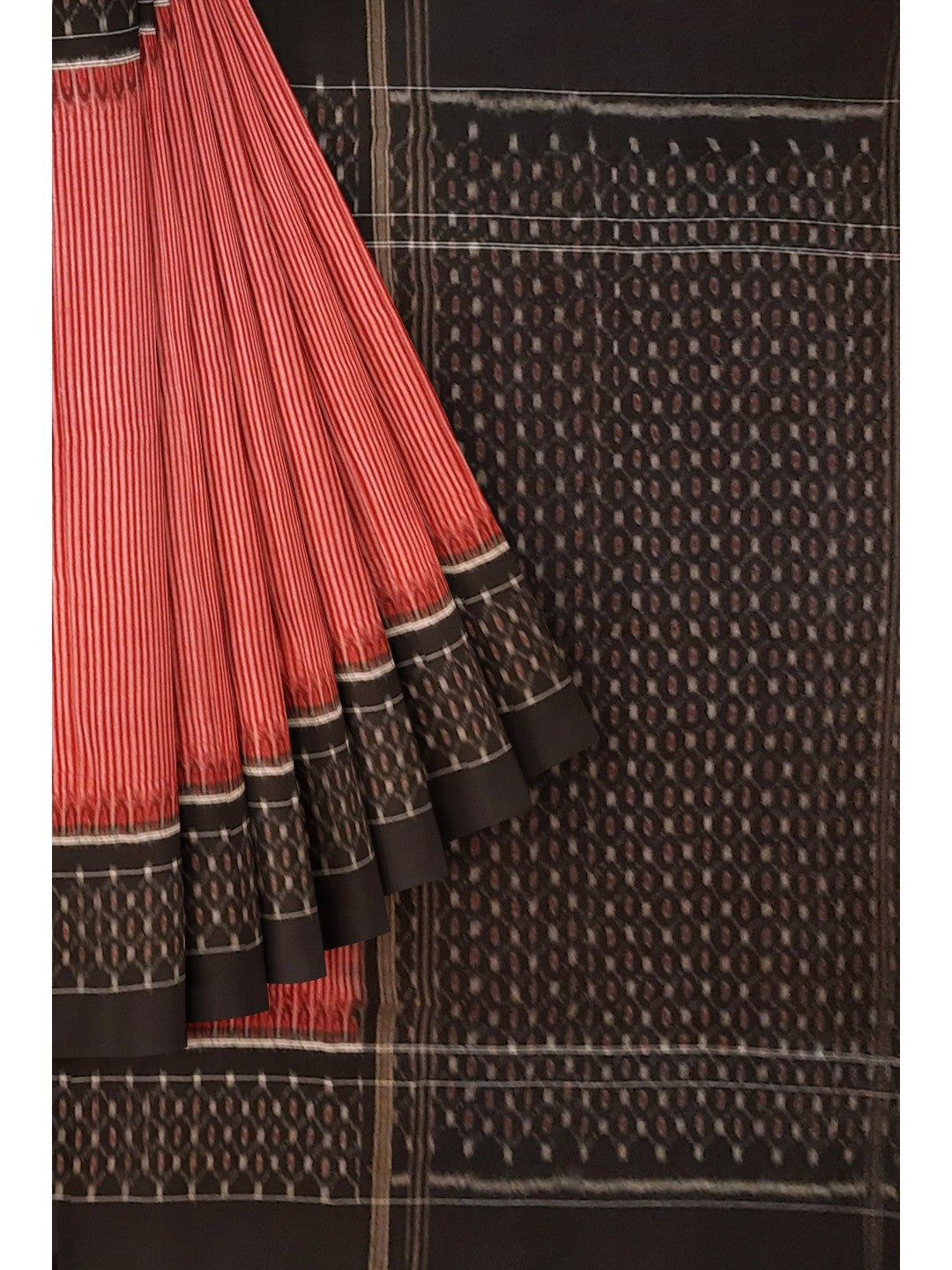 Red Stripe body Sambalpuri Cotton Saree with running blouse piece