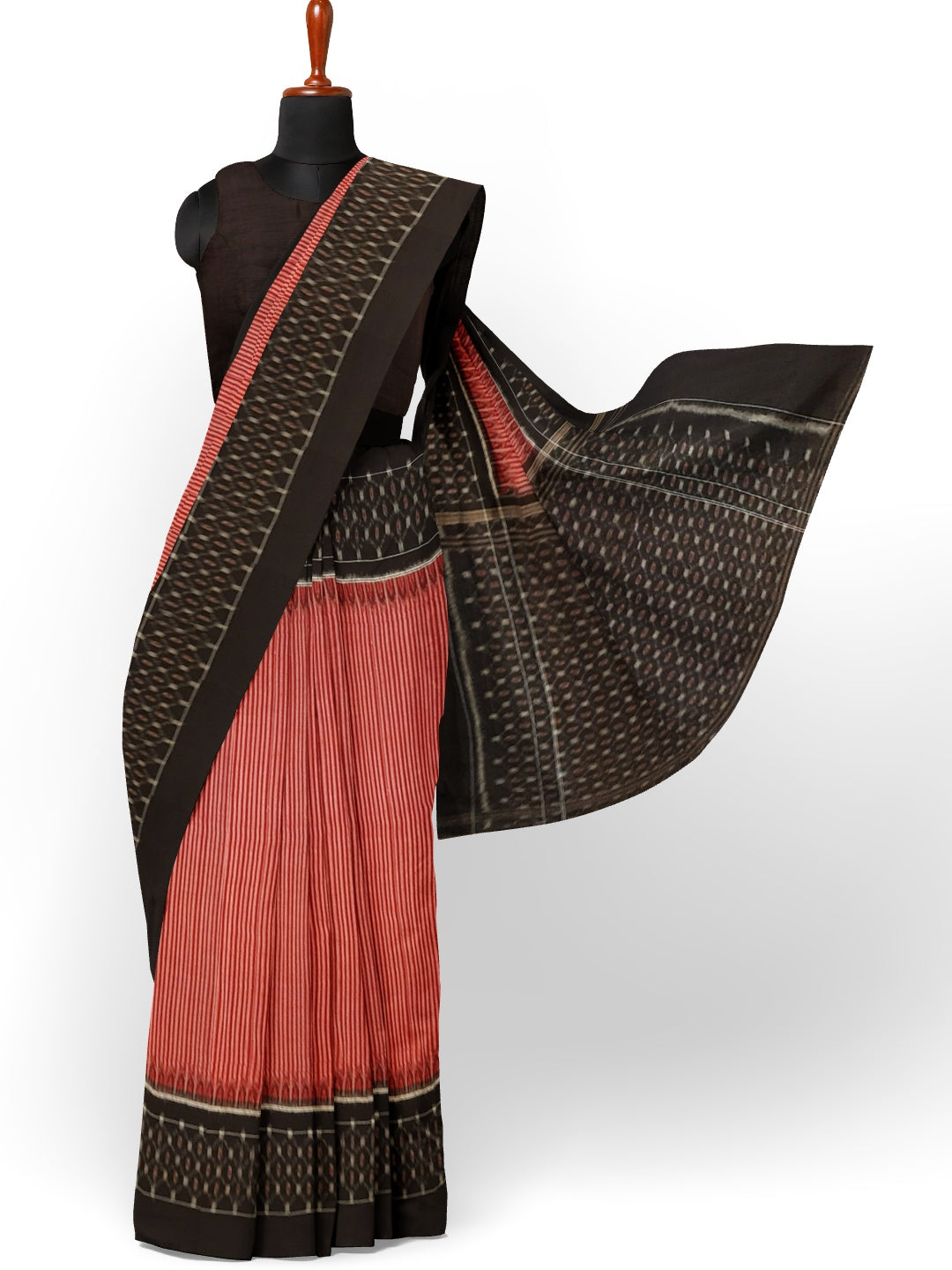 Red Stripe body Sambalpuri Cotton Saree with running blouse piece