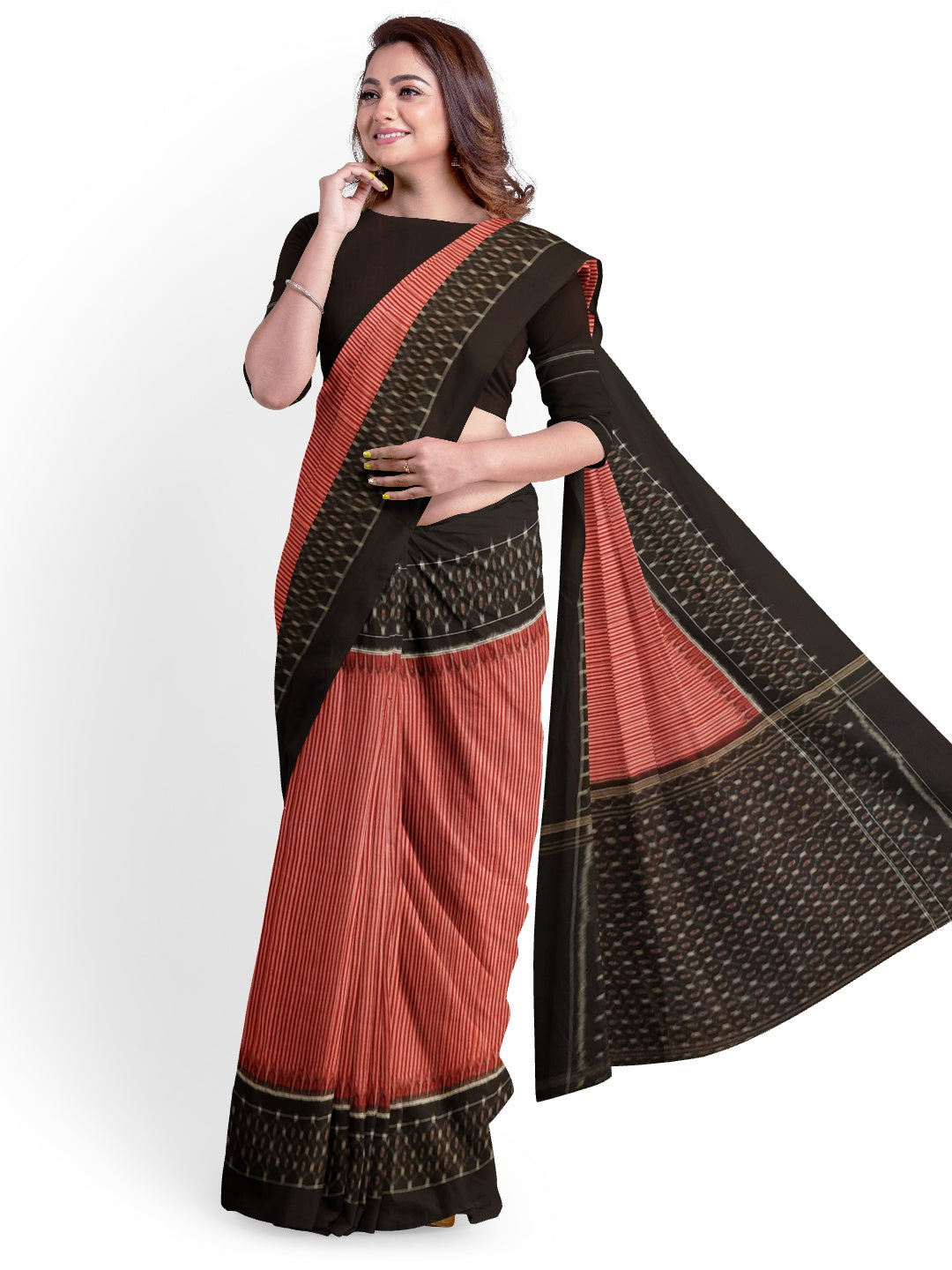 Red Stripe body Sambalpuri Cotton Saree with running blouse piece