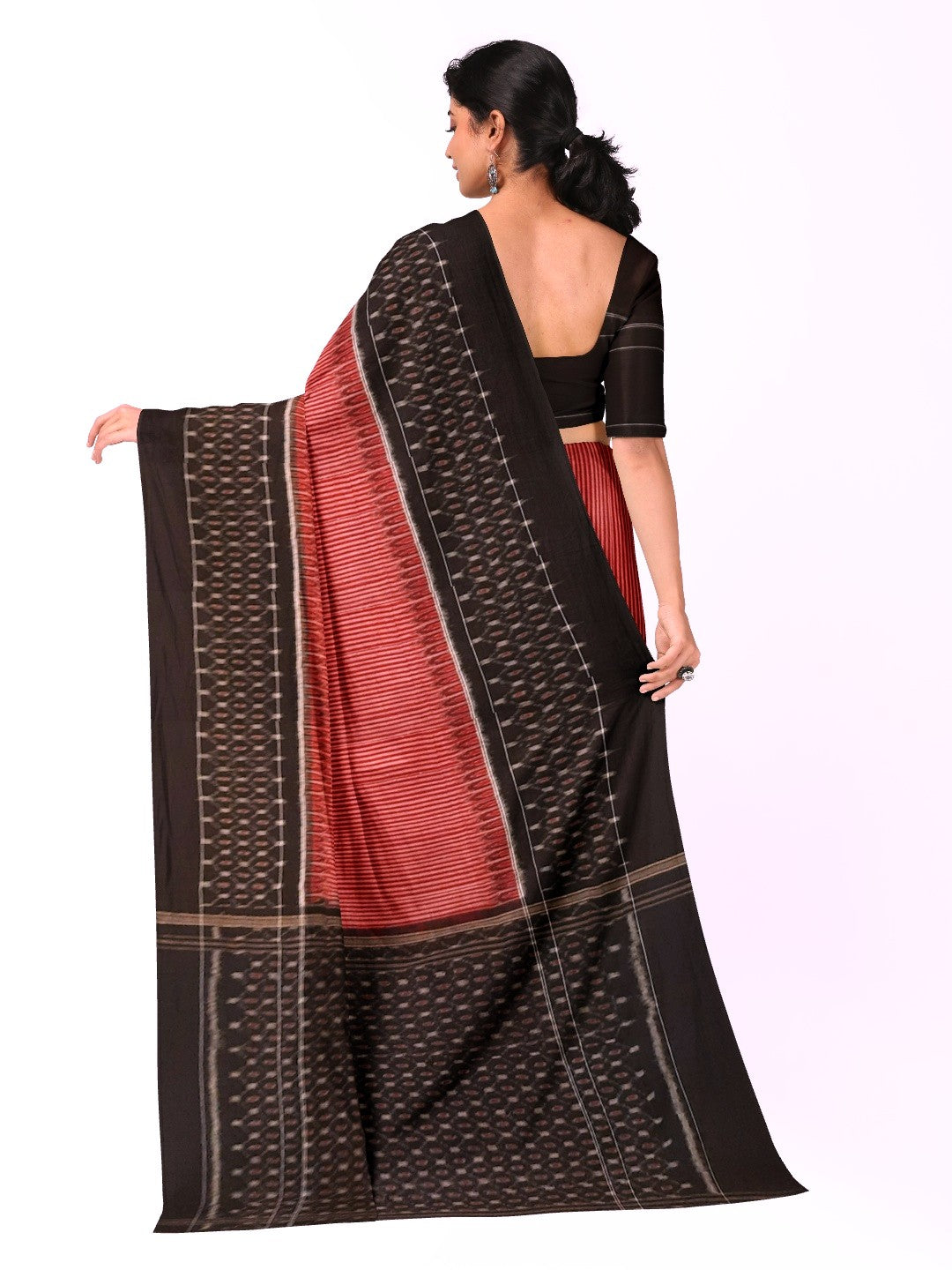 Red Stripe body Sambalpuri Cotton Saree with running blouse piece