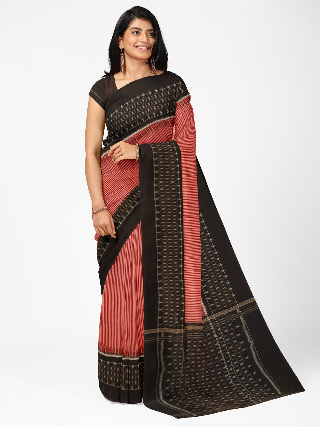 Red Stripe body Sambalpuri Cotton Saree with running blouse piece