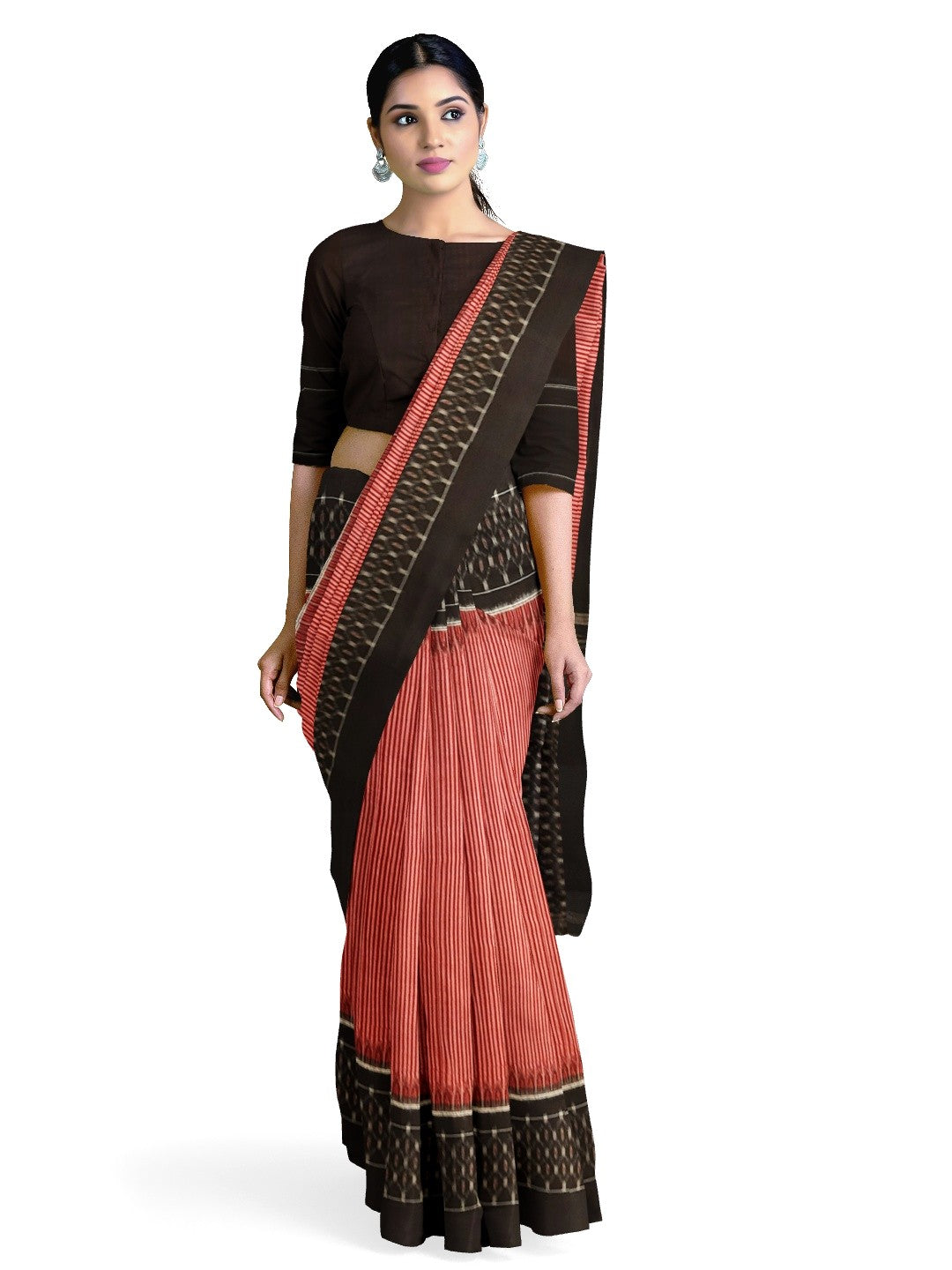 Red Stripe body Sambalpuri Cotton Saree with running blouse piece