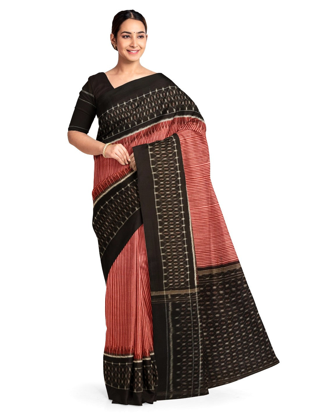Red Stripe body Sambalpuri Cotton Saree with running blouse piece