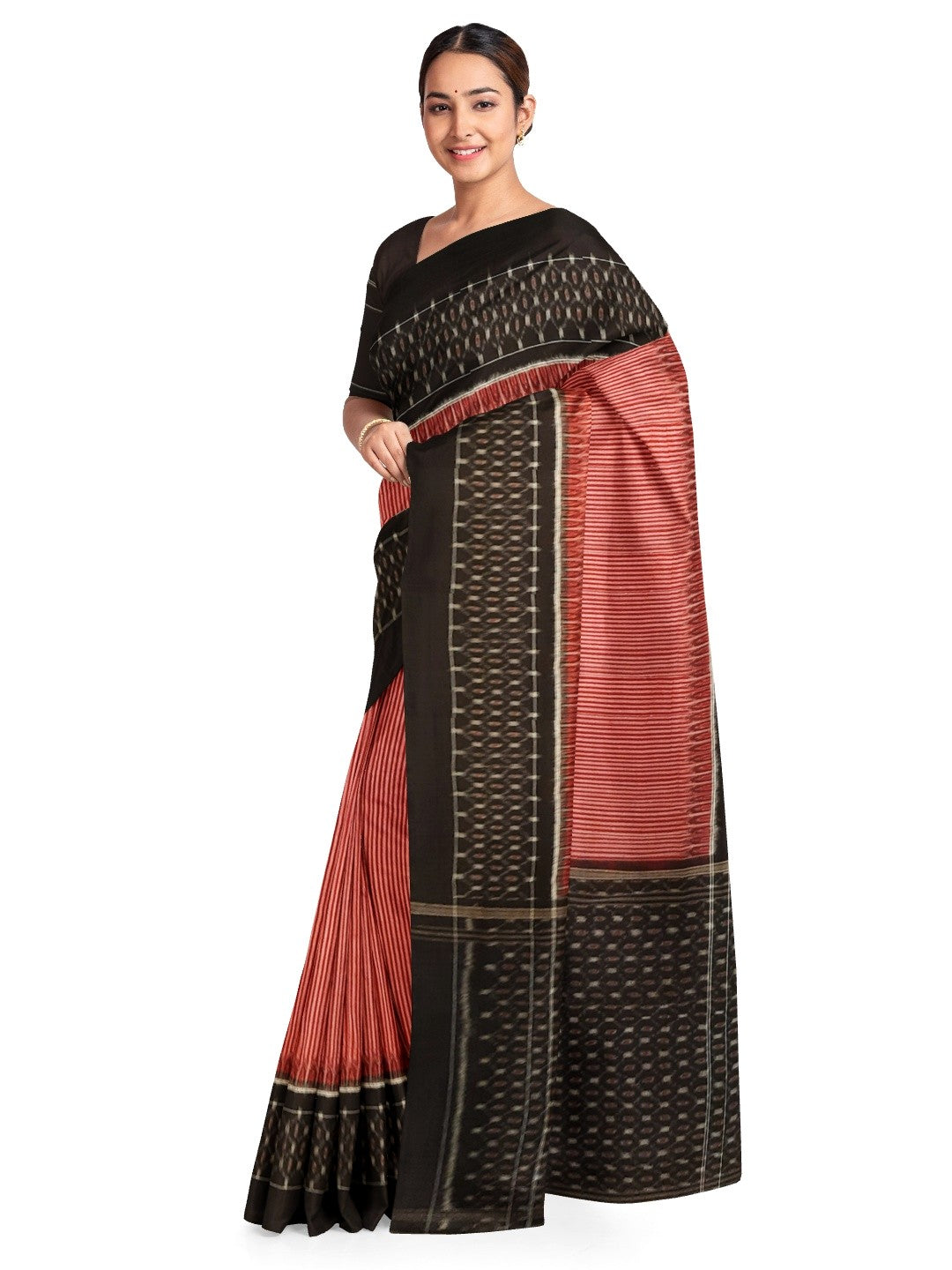 Red Stripe body Sambalpuri Cotton Saree with running blouse piece