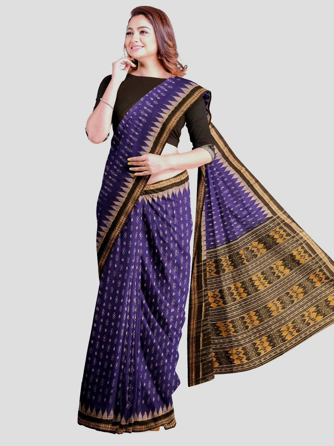 Indigo colour Sambalpuri Cotton Saree with matching blouse piece