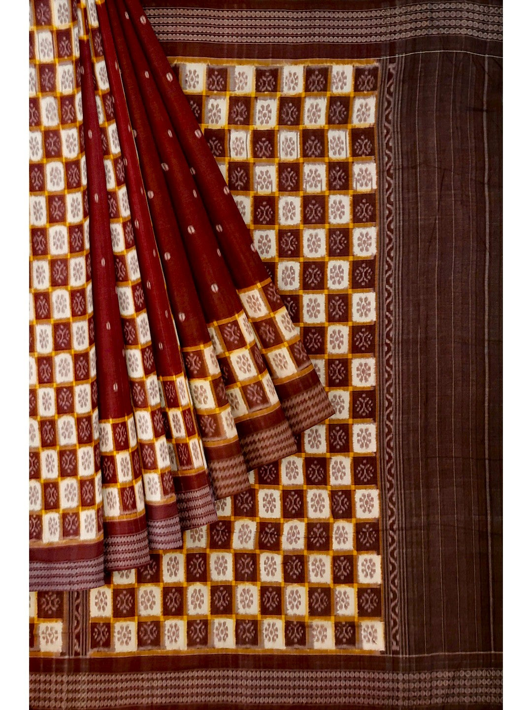 Maroon Patli Pleats Bomkai Sambalpuri cotton Saree with mix match ikat blouse piece
