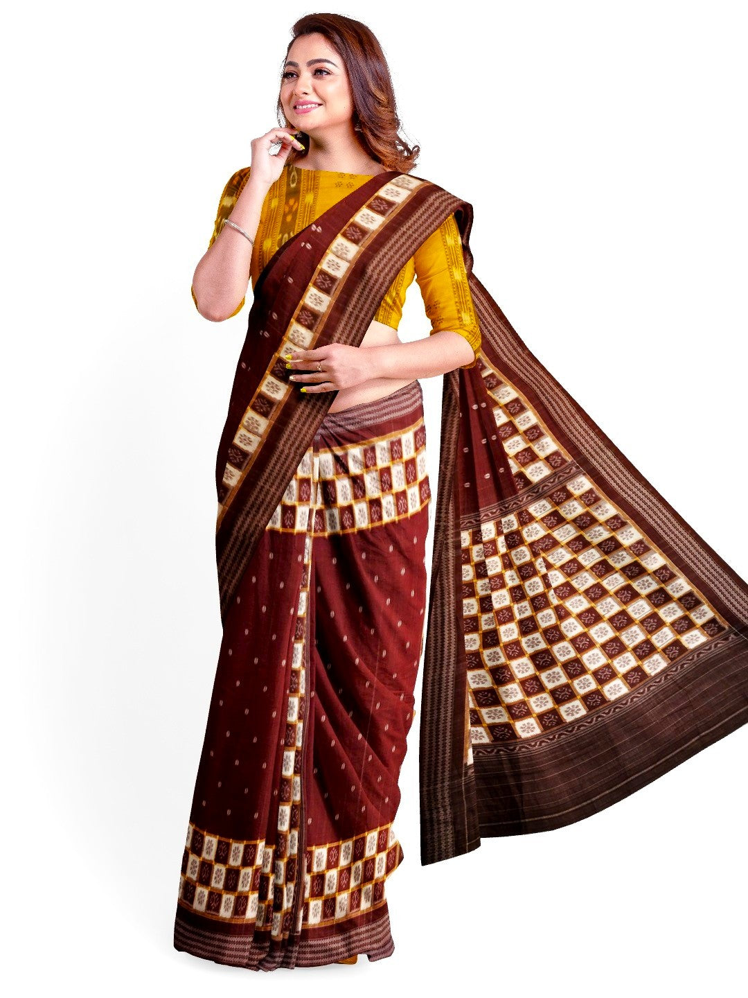 Maroon Patli Pleats Bomkai Sambalpuri cotton Saree with mix match ikat blouse piece