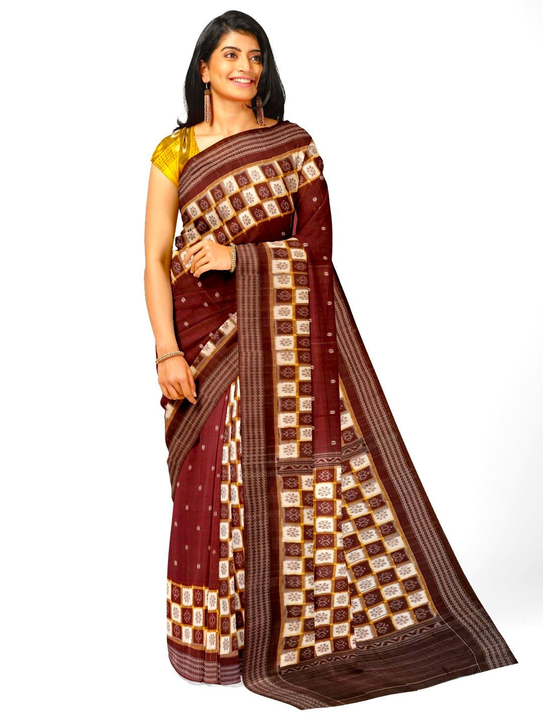 Maroon Patli Pleats Bomkai Sambalpuri cotton Saree with mix match ikat blouse piece