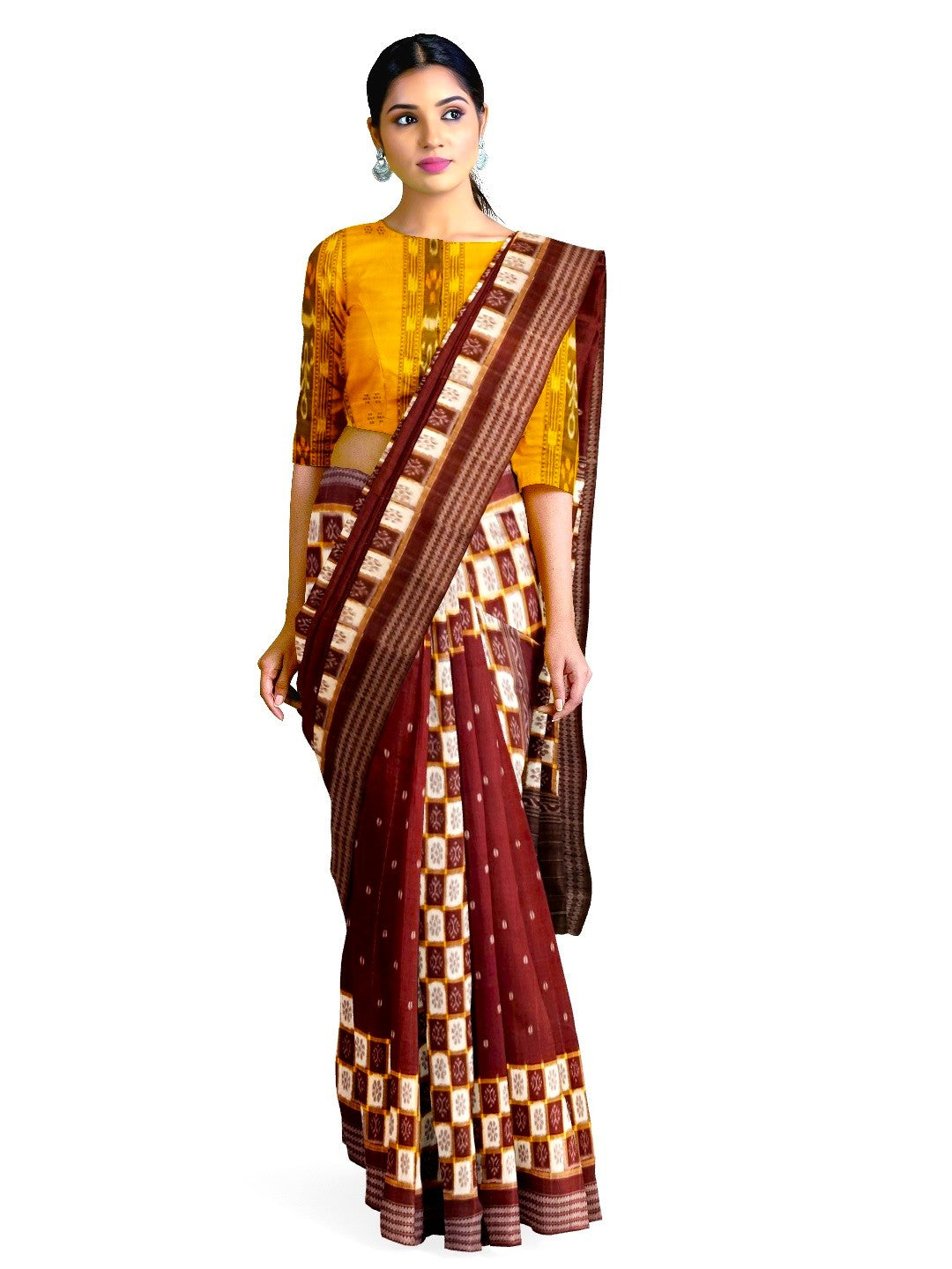 Maroon Patli Pleats Bomkai Sambalpuri cotton Saree with mix match ikat blouse piece