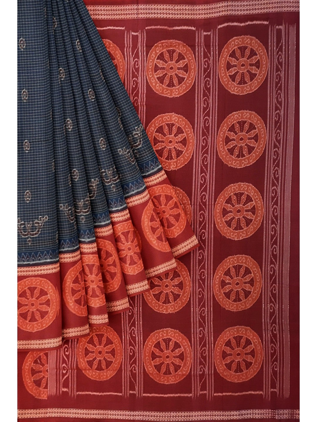 Blue and Red Sambalpuri Cotton  Bomkai Saree with running blouse piece