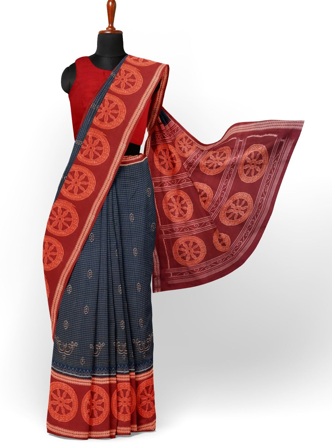 Blue and Red Sambalpuri Cotton  Bomkai Saree with running blouse piece