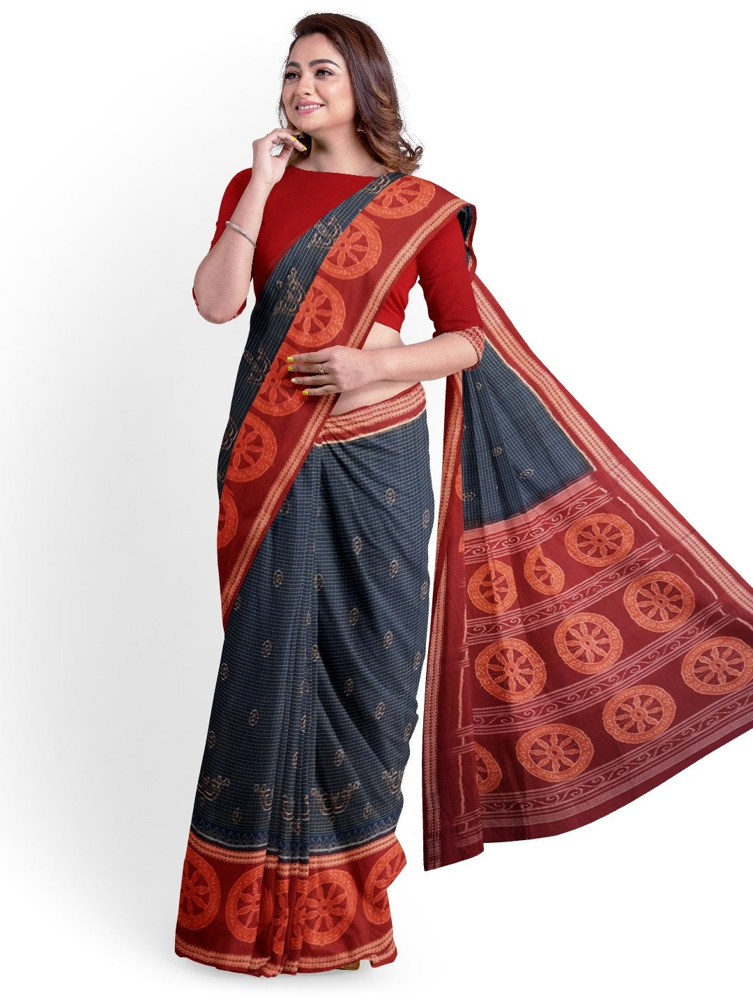 Blue and Red Sambalpuri Cotton  Bomkai Saree with running blouse piece