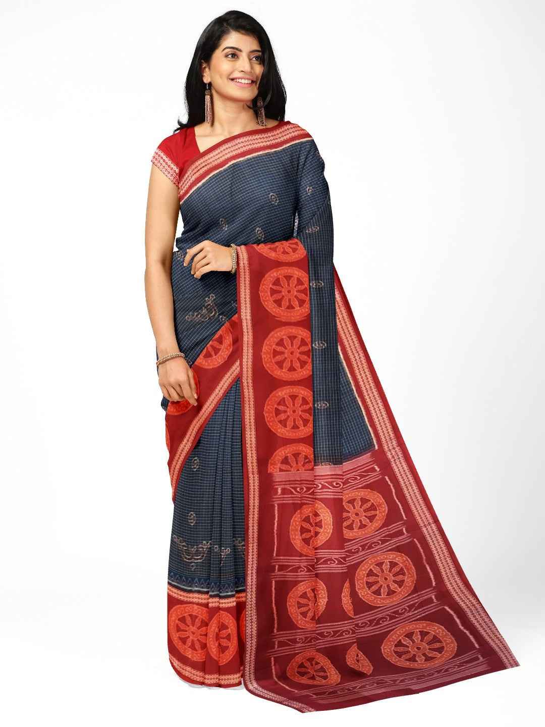 Blue and Red Sambalpuri Cotton  Bomkai Saree with running blouse piece