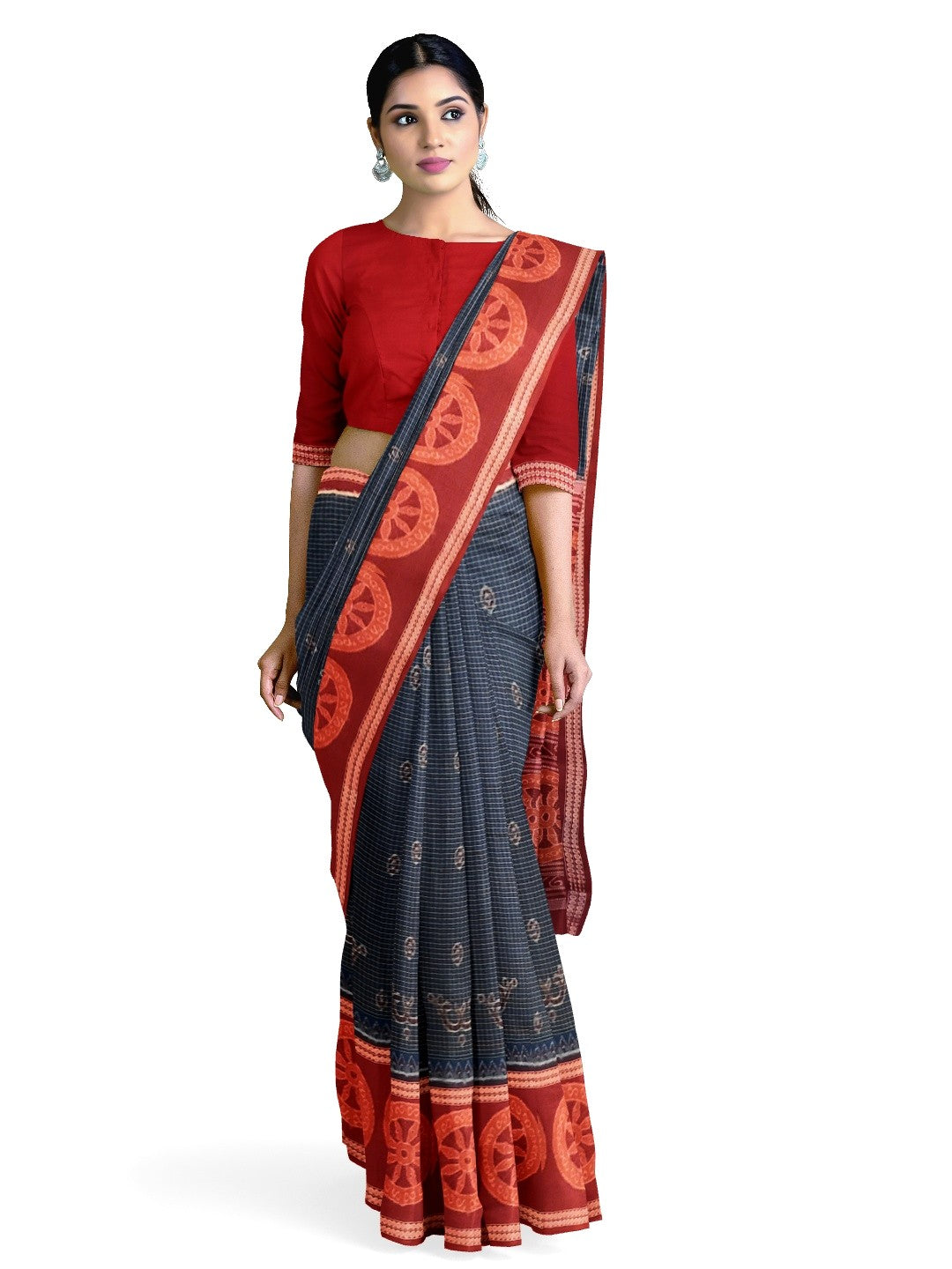 Blue and Red Sambalpuri Cotton  Bomkai Saree with running blouse piece