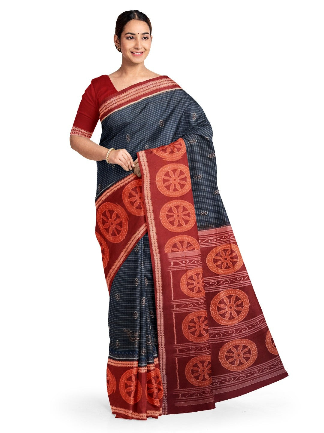 Blue and Red Sambalpuri Cotton  Bomkai Saree with running blouse piece