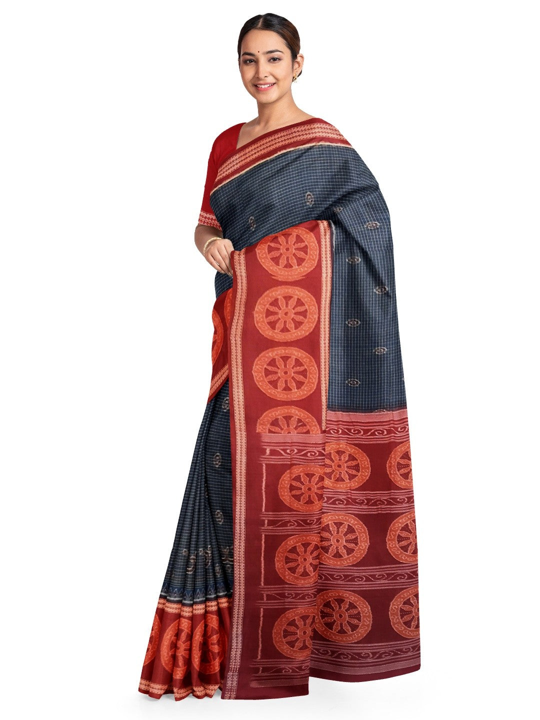 Blue and Red Sambalpuri Cotton  Bomkai Saree with running blouse piece