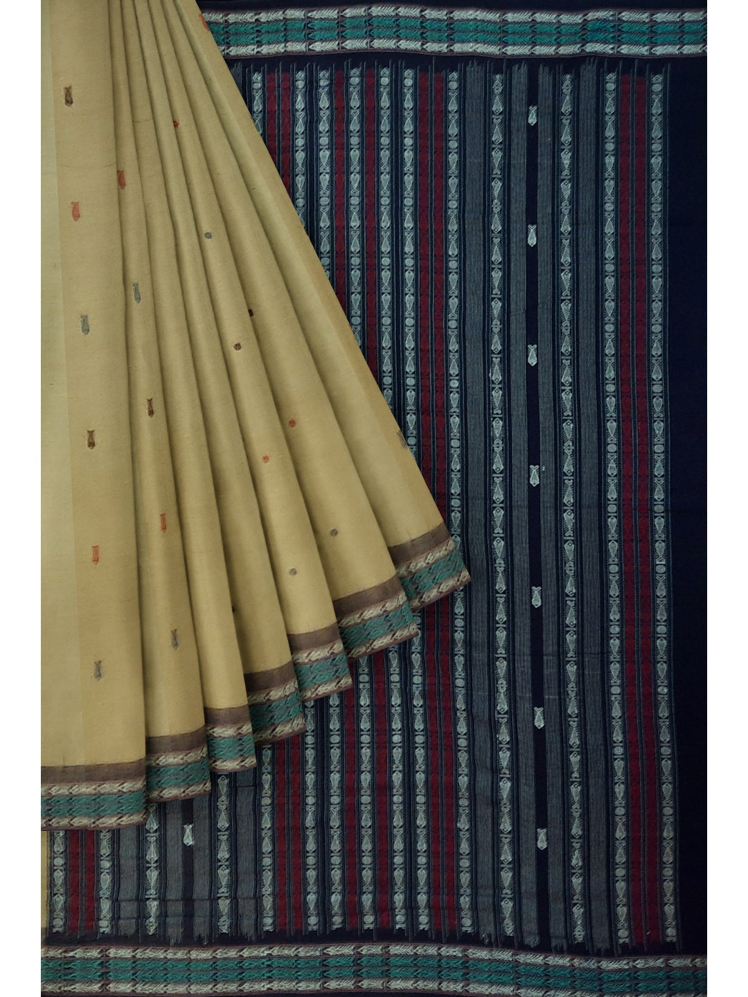 Khaki colour Sambalpuri Cotton Saree with running blouse piece
