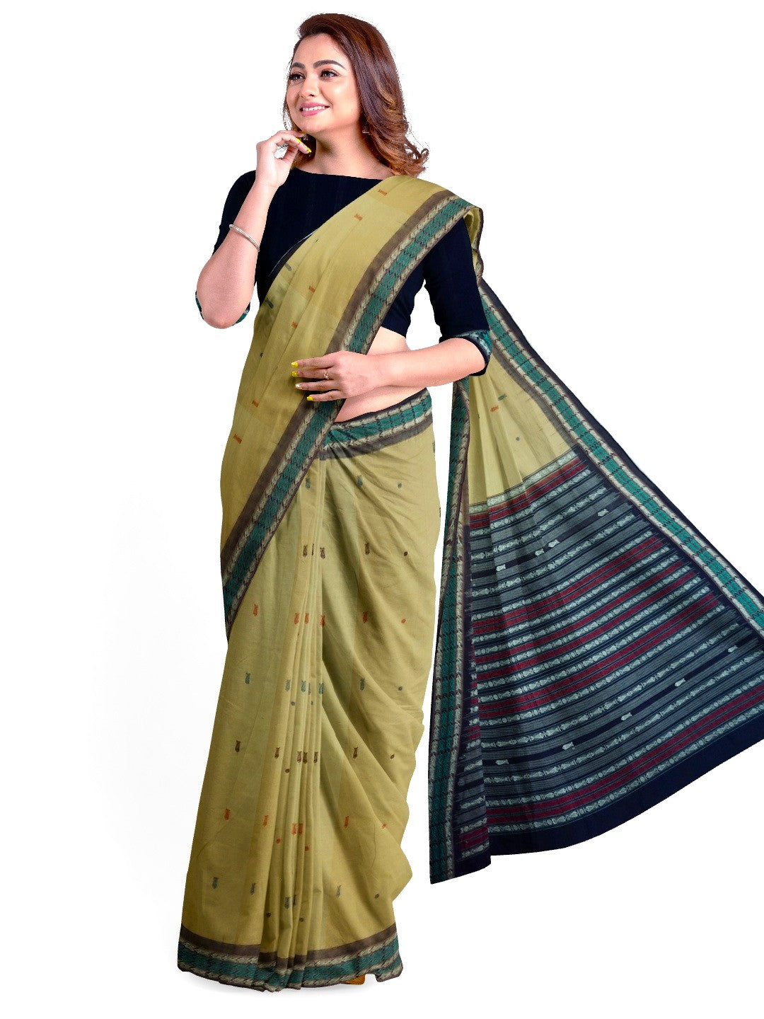 Khaki colour Sambalpuri Cotton Saree with running blouse piece