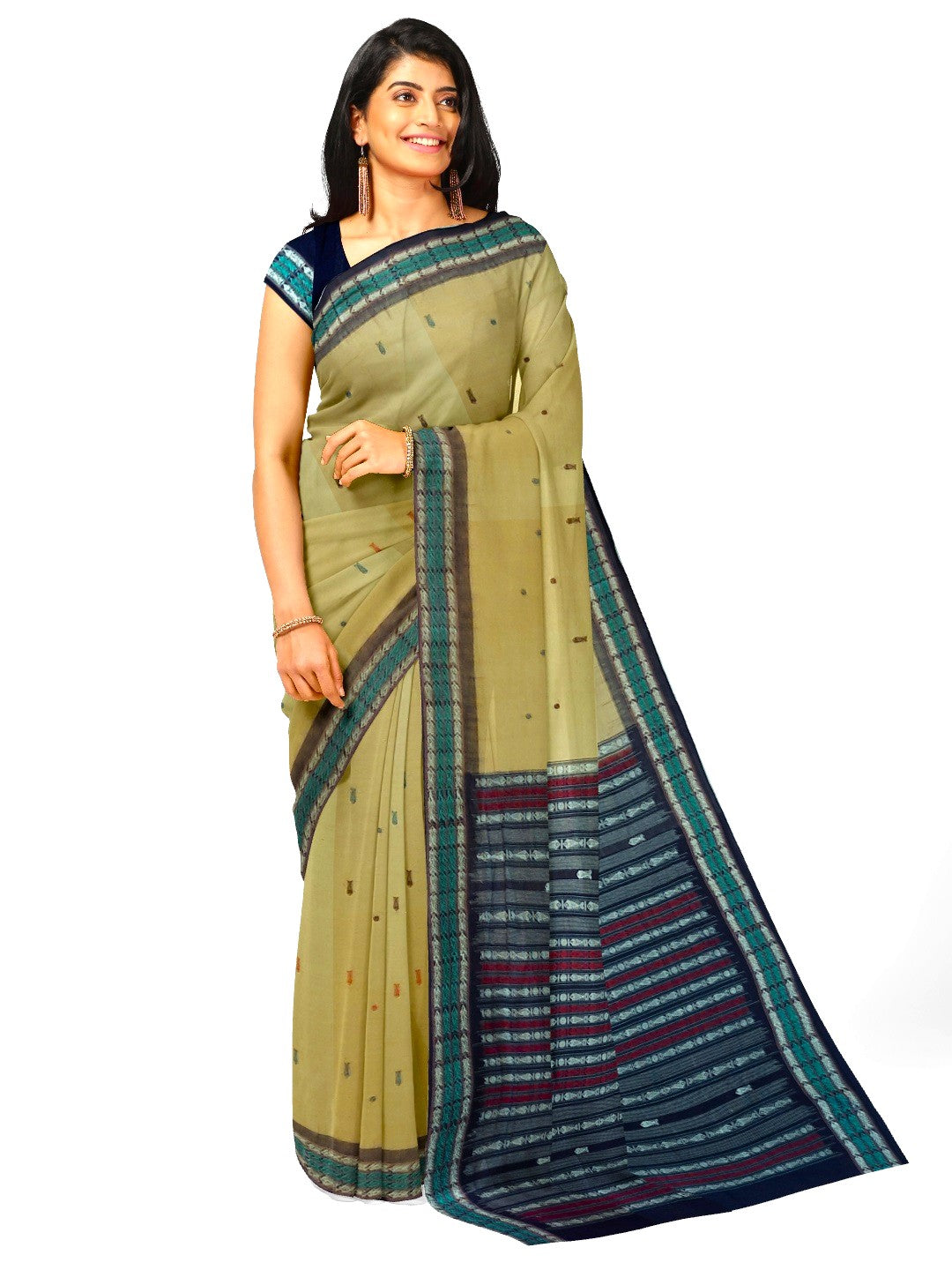 Khaki colour Sambalpuri Cotton Saree with running blouse piece