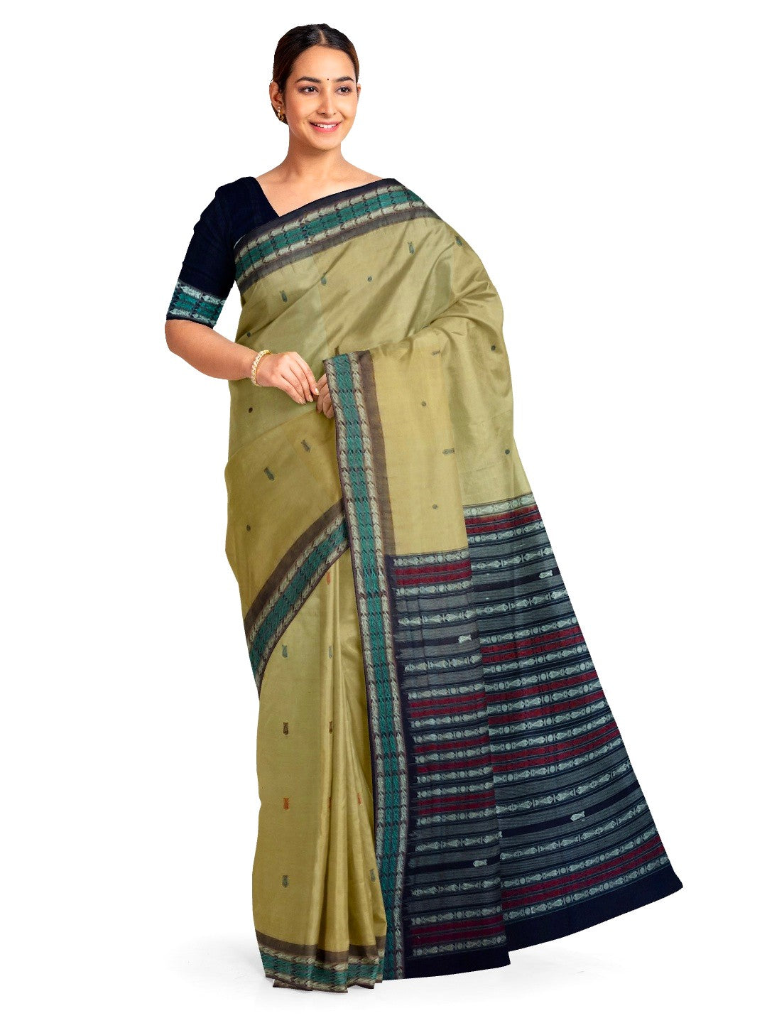 Khaki colour Sambalpuri Cotton Saree with running blouse piece