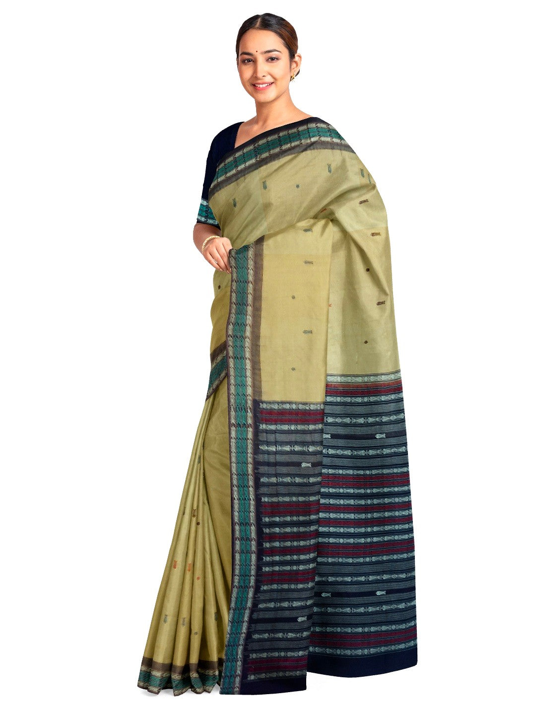 Khaki colour Sambalpuri Cotton Saree with running blouse piece