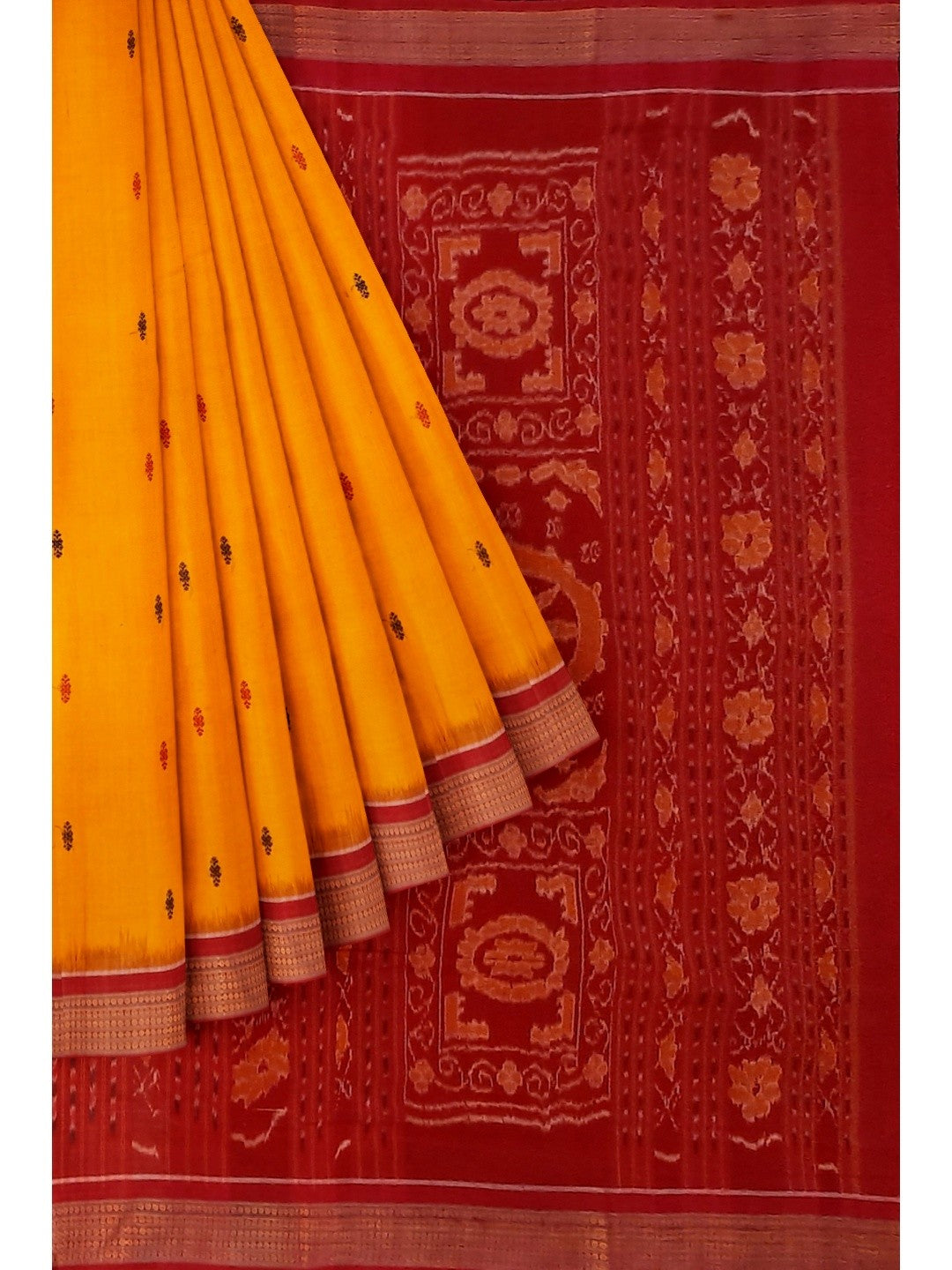 Yellow Red Sambalpuri Cotton Saree with running blouse piece