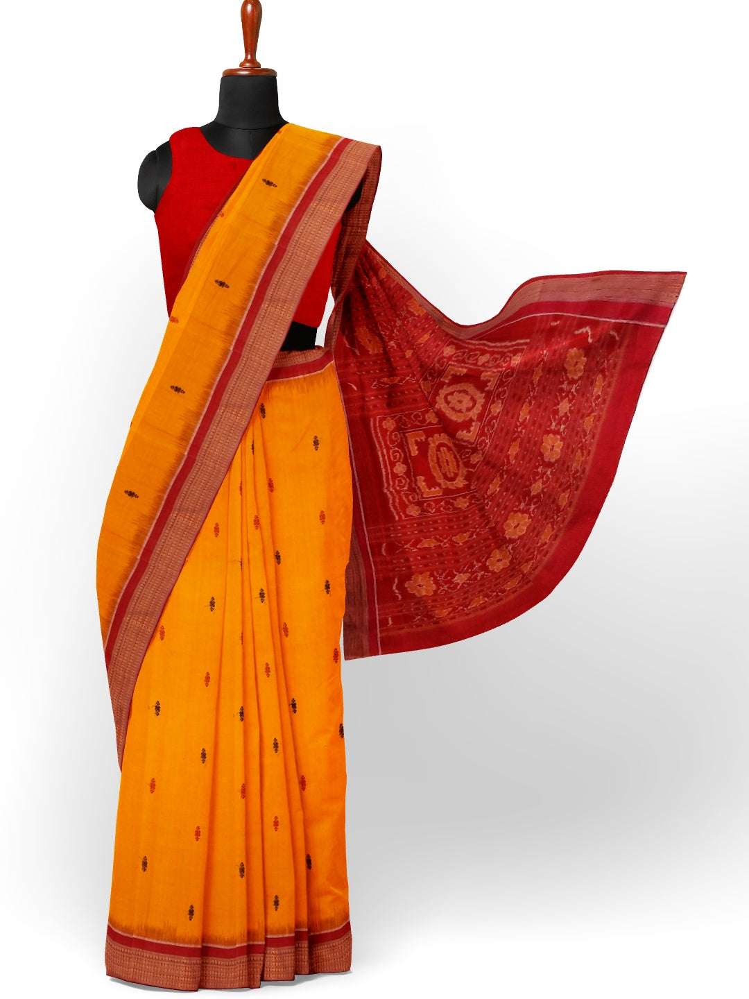 Yellow Red Sambalpuri Cotton Saree with running blouse piece