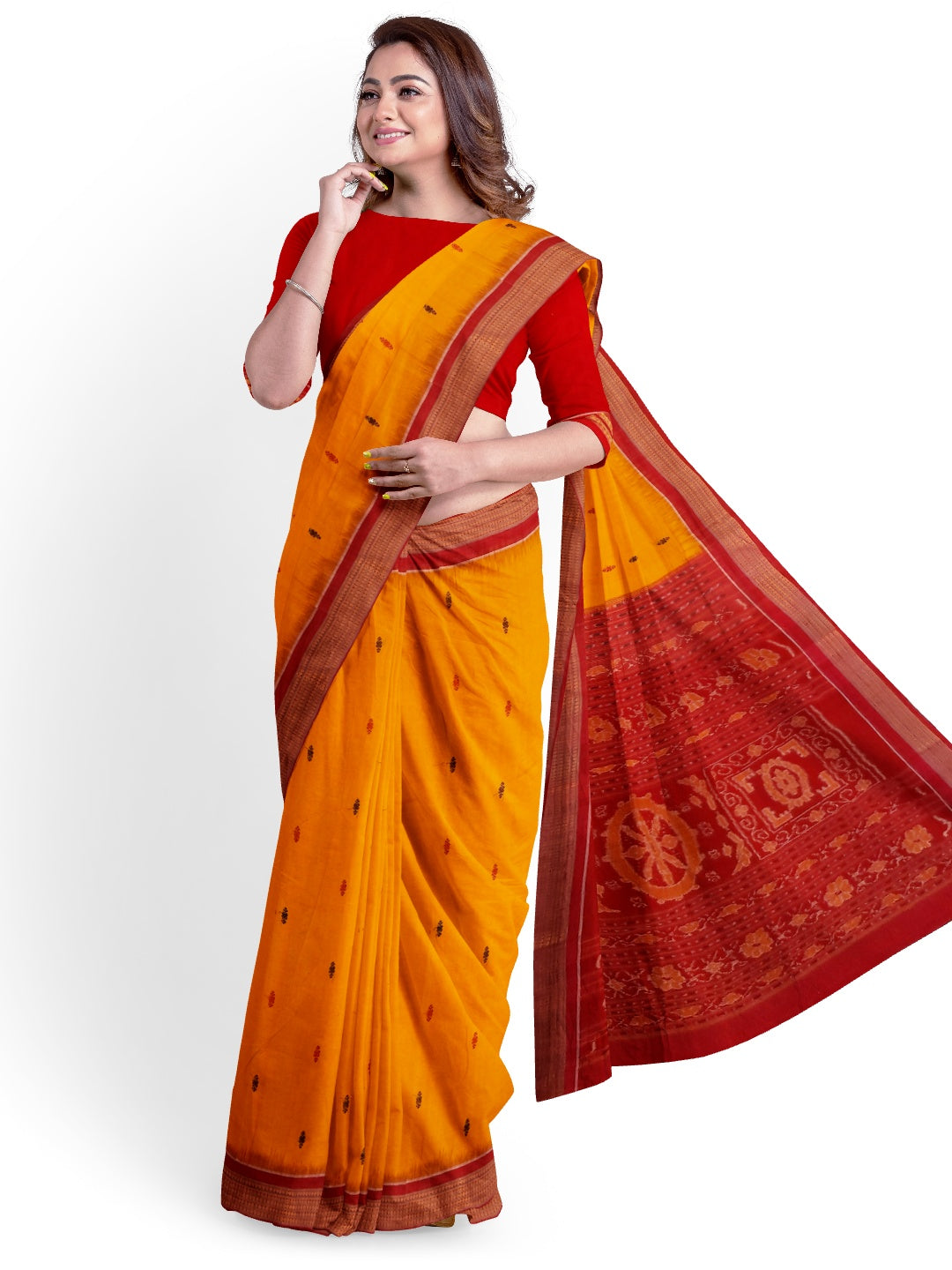 Yellow Red Sambalpuri Cotton Saree with running blouse piece