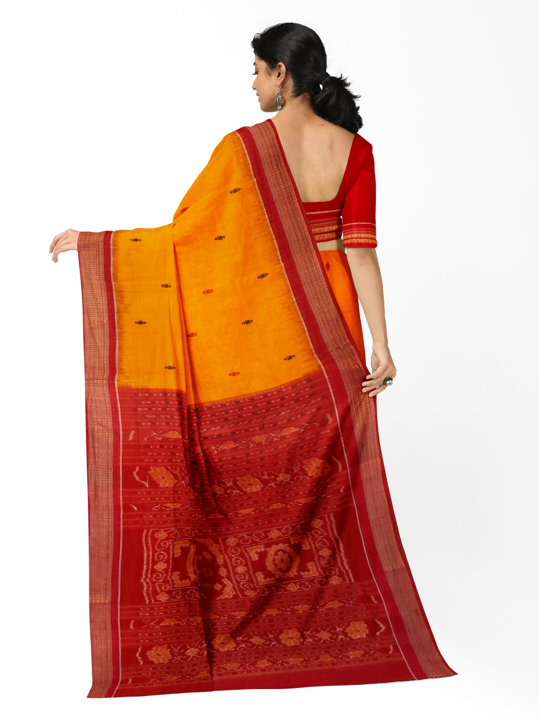 Yellow Red Sambalpuri Cotton Saree with running blouse piece