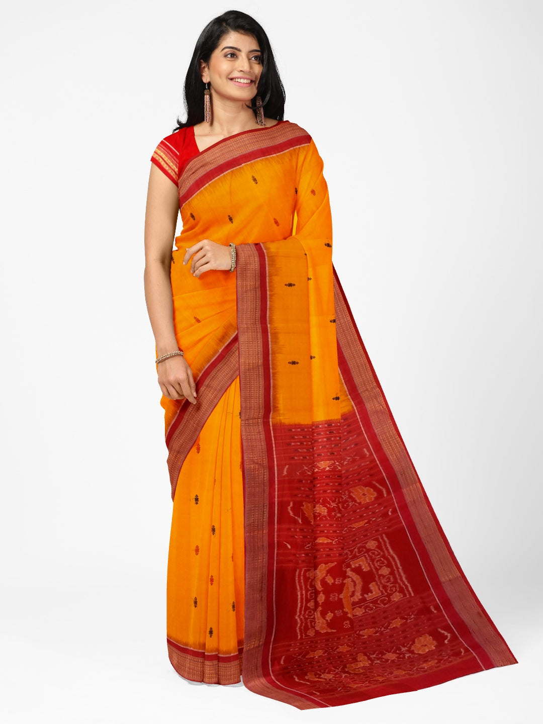 Yellow Red Sambalpuri Cotton Saree with running blouse piece
