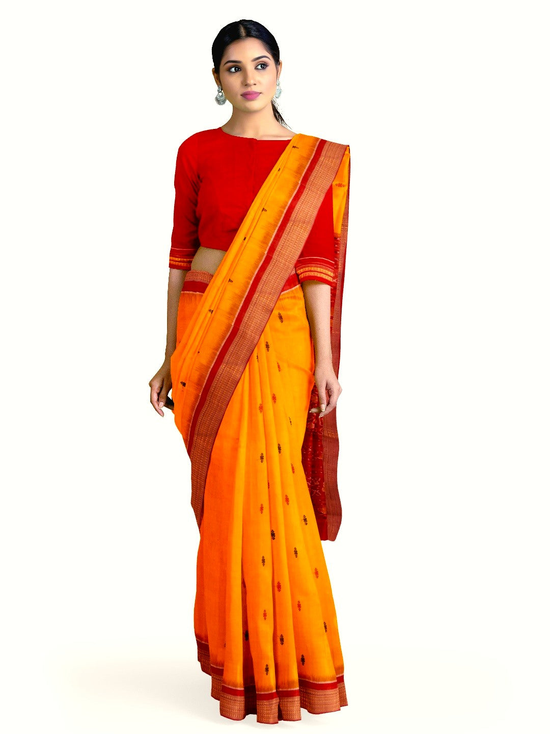 Yellow Red Sambalpuri Cotton Saree with running blouse piece