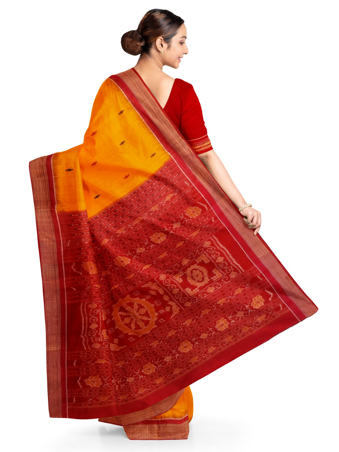 Yellow Red Sambalpuri Cotton Saree with running blouse piece