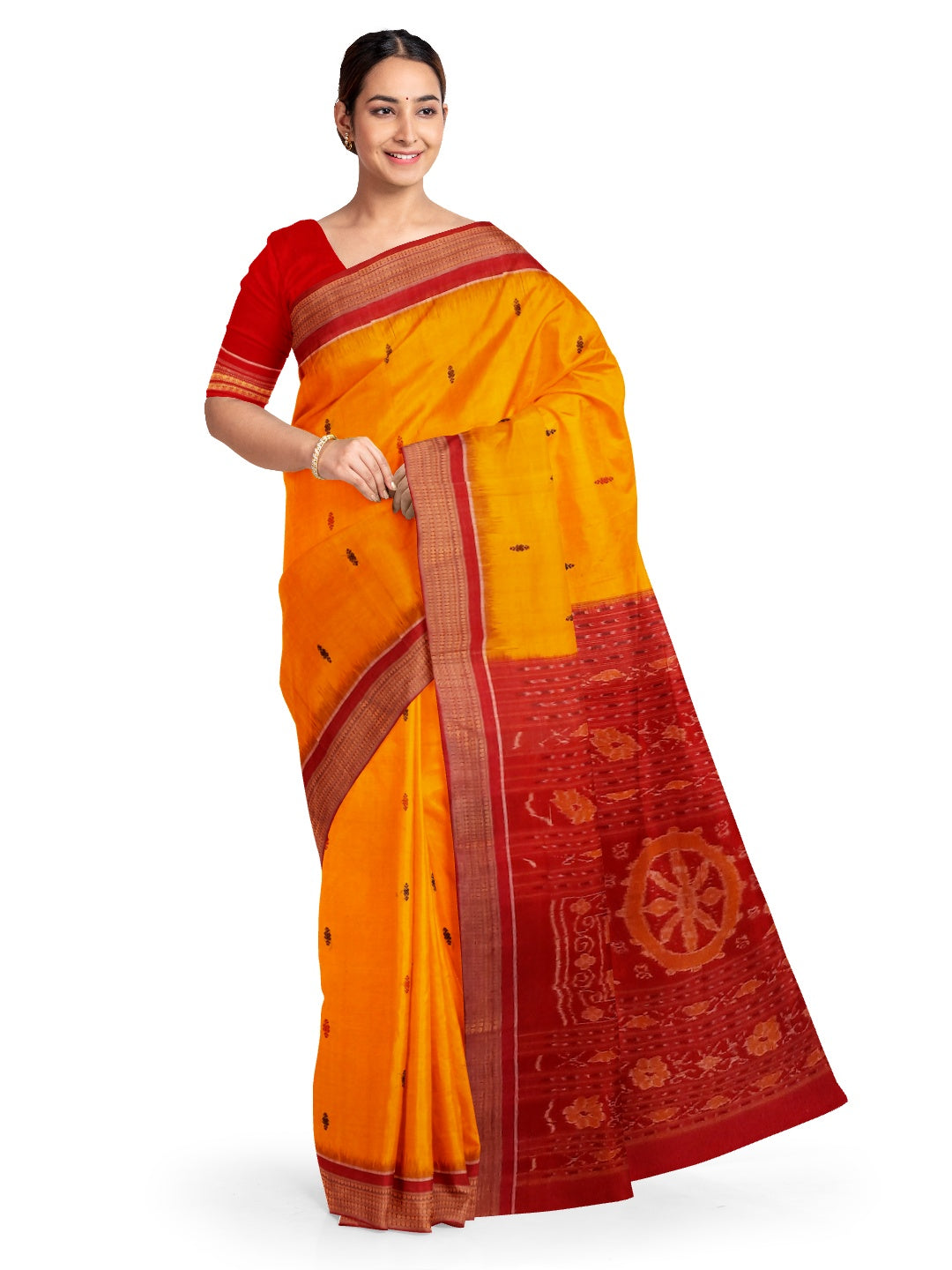 Yellow Red Sambalpuri Cotton Saree with running blouse piece