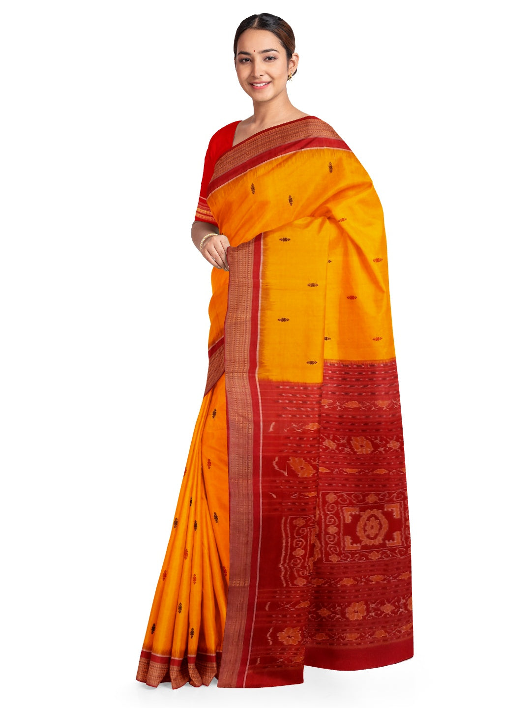 Yellow Red Sambalpuri Cotton Saree with running blouse piece