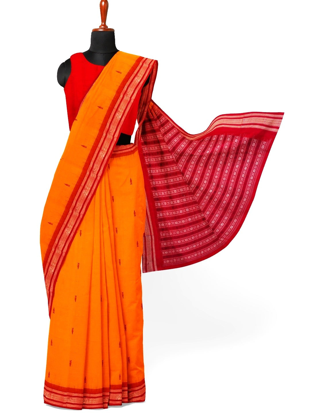 Yellow Red Sambalpuri Cotton Saree with running blouse piece