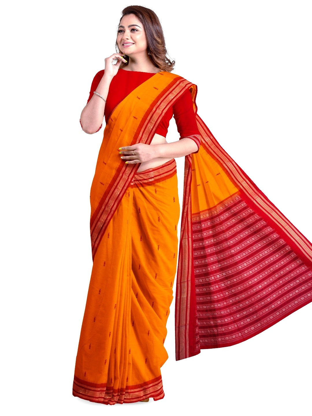 Yellow Red Sambalpuri Cotton Saree with running blouse piece