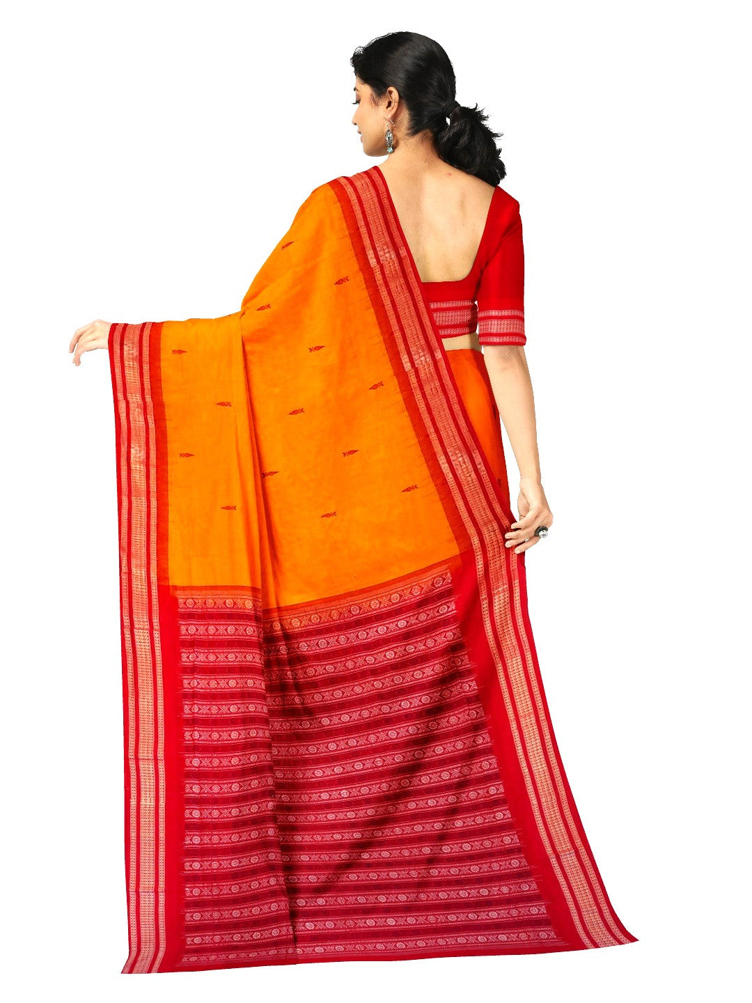 Yellow Red Sambalpuri Cotton Saree with running blouse piece